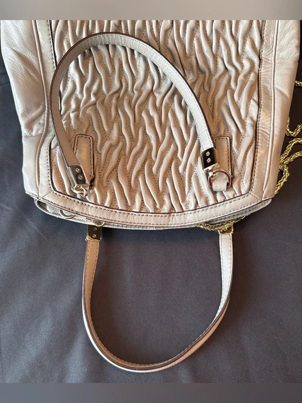COACH Madison Madeline Taupe Ruched Leather Crossbody Bag with Gold Color Chain - Picture 6 of 12